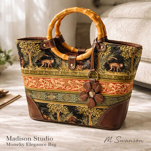 Madison Studio Monkey Elegance Tapestry Carpet Bag Bamboo Handle Satchel